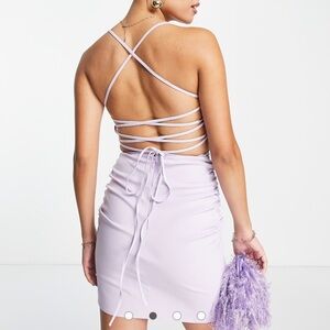 ASOS DESIGN lace up back structured mini dress with square neck in lilac